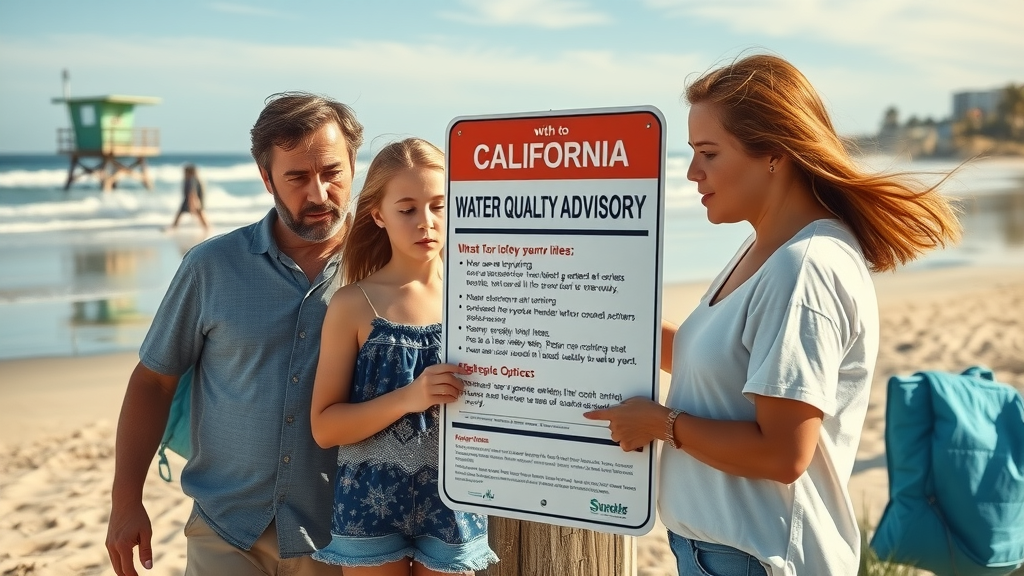 Concerned family reviewing water quality advisory sign on the beach near Coronado, highlighting the importance of health risks and monitoring at county beaches.