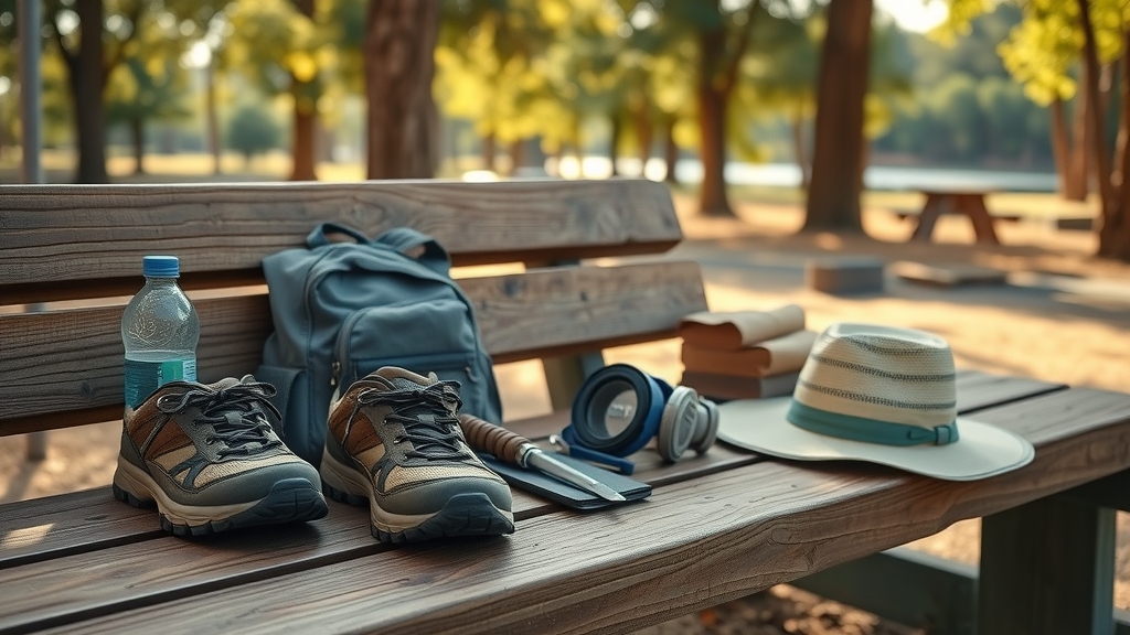 Organized hiking essentials for a Lake Miramar walk – hiking shoes, water bottle, sun hat, backpack, laid out on a wooden bench at a lakeside picnic area