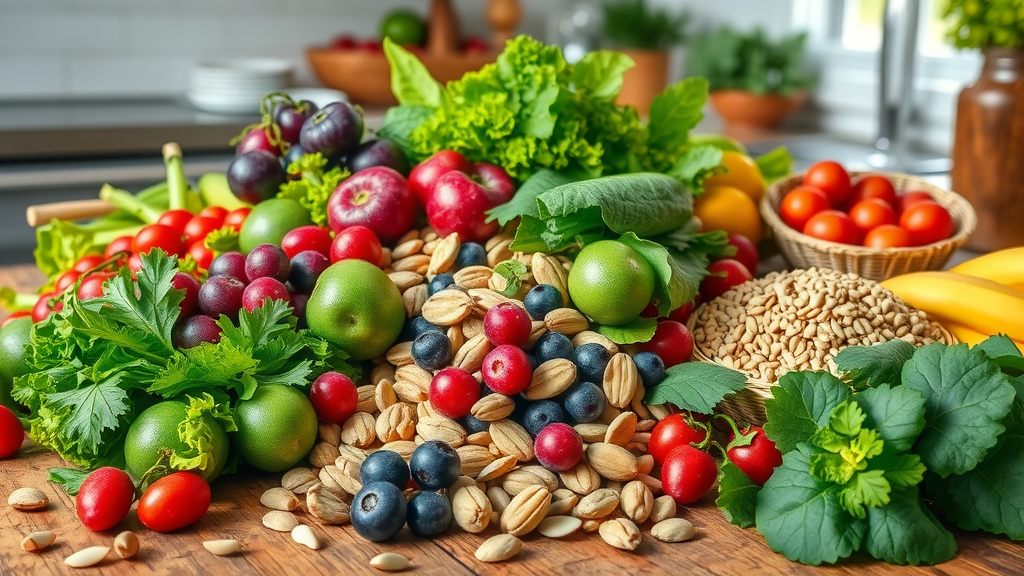 Vibrant assortment of fresh raw foods including leafy greens, colorful berries, nuts, and seeds on a rustic wooden table, perfect for a raw food diet, with natural daylight and textural contrasts.