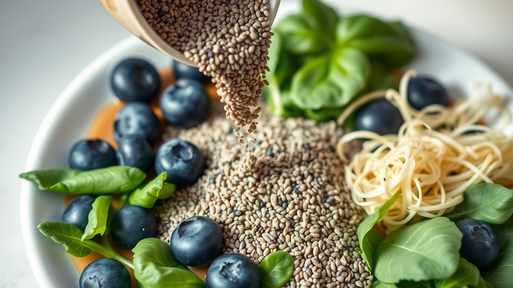 Assorted raw superfoods such as blueberries, spinach, chia seeds, and sprouts, supporting a healthy raw food diet, neatly arranged for clear visual detail.