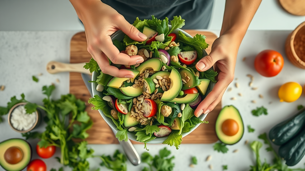 Person preparing a colorful raw salad with leafy greens, avocados, and seeds for a healthy food diet, in a modern kitchen from above, showing fresh salad assembly.