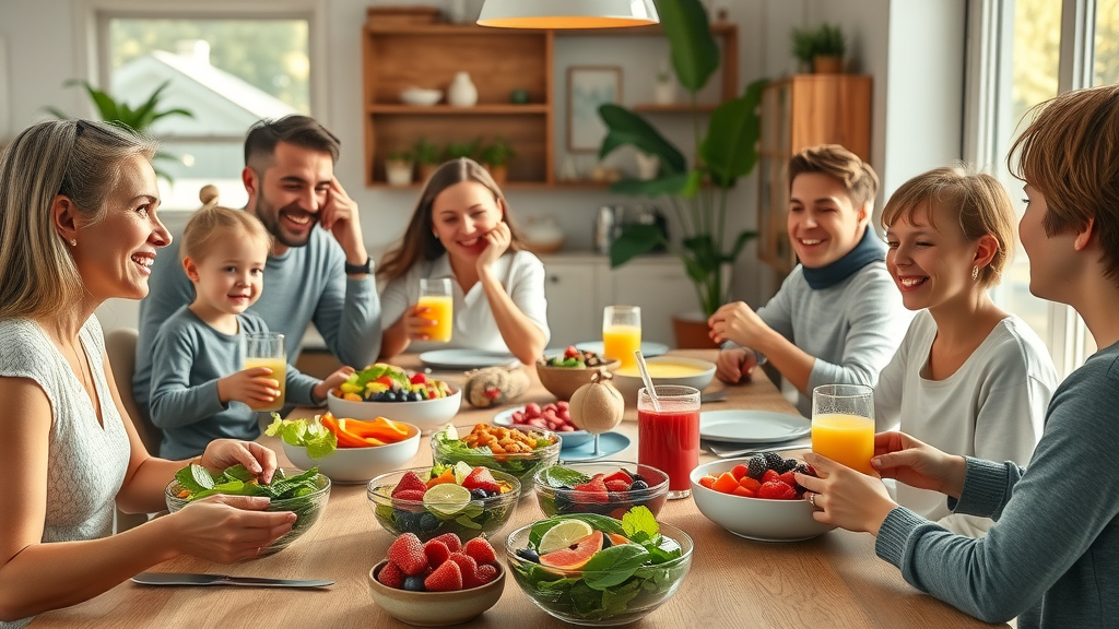 Happy family of all ages enjoying bowls of salad, berries, and fruit smoothies at a sunlit dining table with fresh raw foods, showing healthy food diet habits.